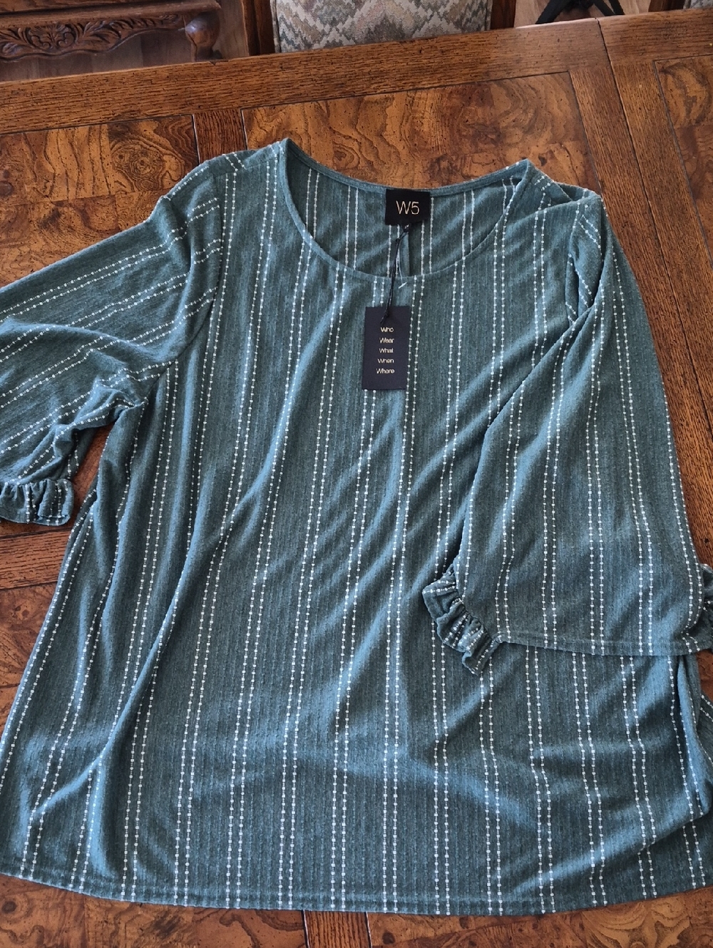 W5 Teal Vertical Dotted Stripe Ruffle Sleeve Tunic